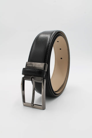 Black leather belt with branded silver buckle.
