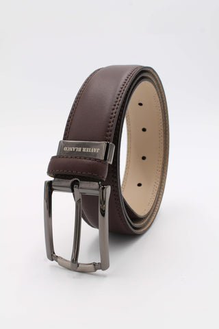 Brown leather belt with branded silver buckle.