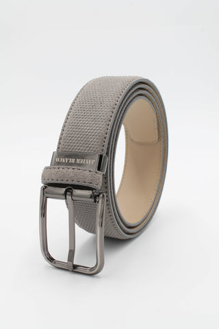 Grey honeycomb suede leather belt with branded silver buckle.