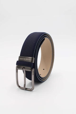 Navy honeycomb suede leather belt with branded silver buckle.