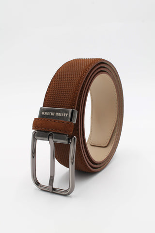 Tan honeycomb suede leather belt with branded silver buckle.