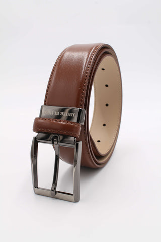 Tan leather belt with branded silver buckle.