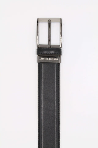 Black leather belt with brand name engraved on the buckle.
