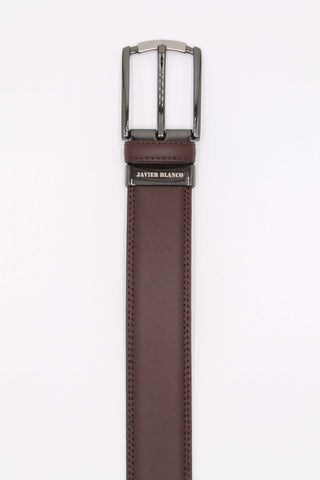 Brown leather belt with brand name engraved on the buckle.