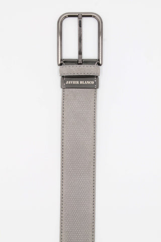 Grey honeycomb leather belt with brand name engraved on the buckle.