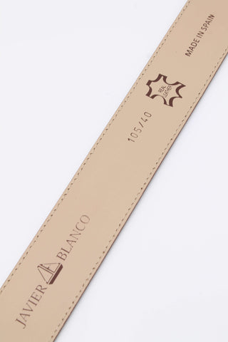 Tan leather belt reverse showing details of the product and brand logo.
