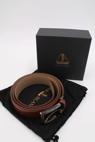 Tan leather belt with Javier Blanco branded box and dust bag.
