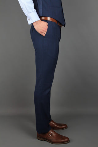 Slim Fit Navy Checked Wool Blend Suit Trousers - Javier Blanco