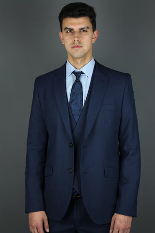 Slim Fit Checked Navy Wool Blend Suit Blazer - Javier Blanco