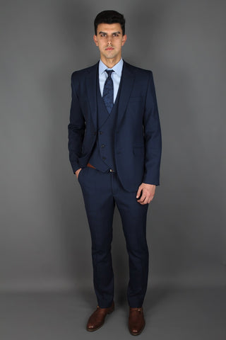 Slim Fit Checked Navy Wool Blend Suit Blazer - Javier Blanco