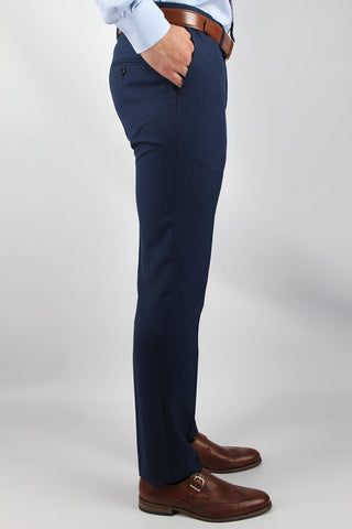 Regular Fit  Plain Navy Wool Blend Suit Trousers - Javier Blanco