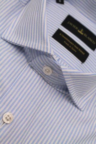 Slim Fit Striped Blue Linen and Cotton Shirt - Javier Blanco