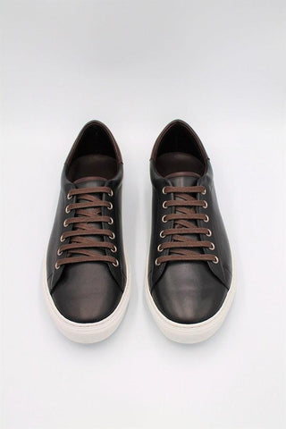 Black Calf Leather Trainers With Dark Brown Details - Javier Blanco