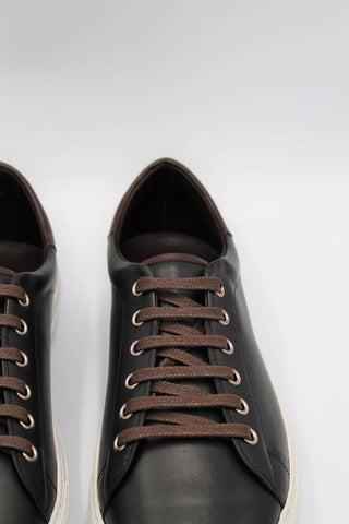 Black Calf Leather Trainers With Dark Brown Details - Javier Blanco