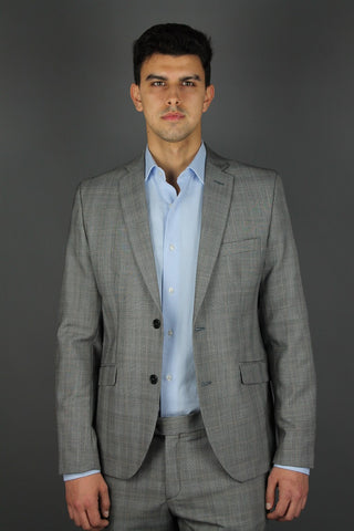Slim Fit Checked Light Grey Wool Blend Suit Blazer - Javier Blanco
