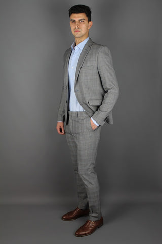 Slim Fit Checked Light Grey Wool Blend Suit - Javier Blanco
