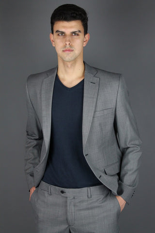 Slim Fit Plain Grey Wool Blend Suit Blazer - Javier Blanco