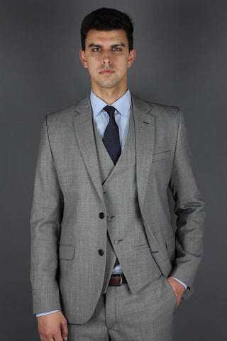 3 Piece Regular Fit Plain Light Grey Wool Blend Suit - Javier Blanco