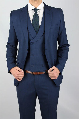 3 Piece Regular Fit Plain Navy Wool Blend Suit - Javier Blanco