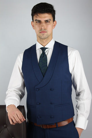 Plain Navy Wool Blend Suit Waistcoat - Javier Blanco