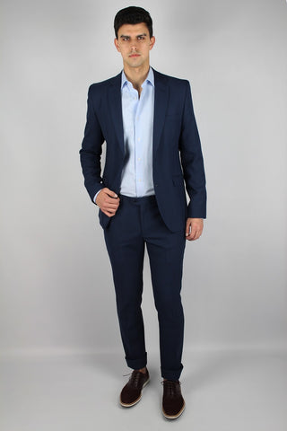 Slim Fit Navy Checked Wool Blend Suit - Javier Blanco