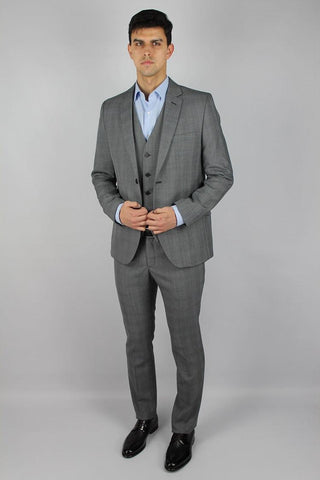 3 Piece Regular Fit Checked Grey Wool Blend Suit - Javier Blanco
