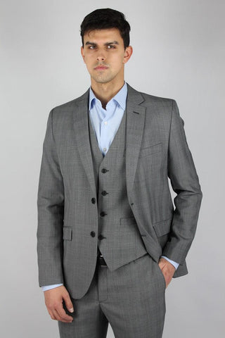 3 Piece Regular Fit Checked Grey Wool Blend Suit - Javier Blanco