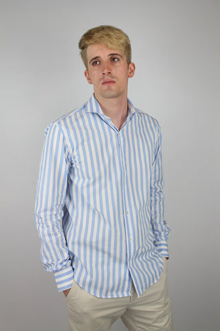 Slim Fit Blue Wide Striped Cotton Shirt - Javier Blanco