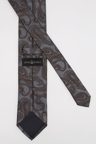Grey and Brown Deco Paisley Silk Tie - Javier Blanco