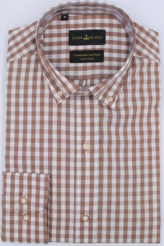 Regular Fit Tan Checked Cotton Shirt - Javier Blanco