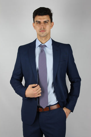 Regular Fit Plain Navy Wool Blend Suit - Javier Blanco