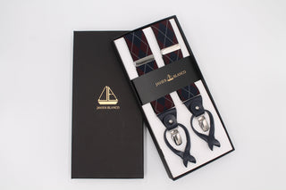 Classic Burgundy & Navy Diamond Braces with Leather Details - Javier Blanco